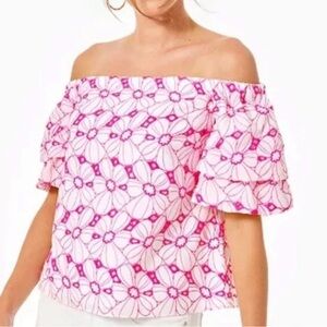 Lilly Pulitzer Pink Floral Off-the-Shoulder Eyelet Top